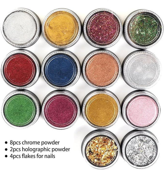 Chrome Nail Powder Set 14 Colors Pink Blue Silver Metallic Effect Mirror Powder for Nails with Brushes Holographic Pigment Chameleon Flakes for Nails Gold Leaf Decoration Nail Supplies