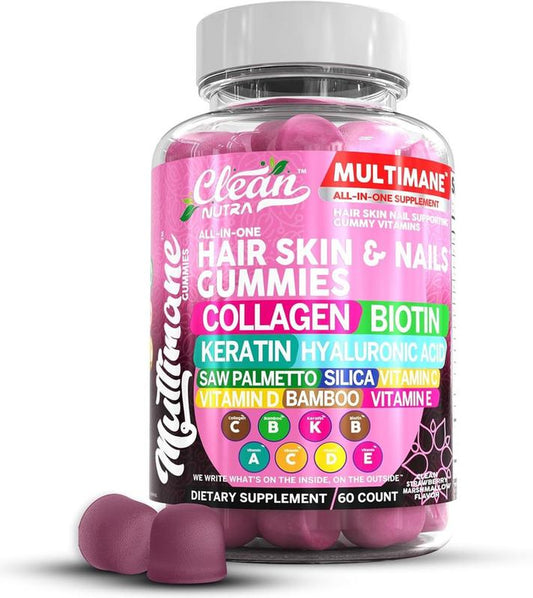 Biotin Collagen Keratin Gummies | Hair Skin and Nails Vitamins for Women | Hyaluronic Acid Bamboo Vitamin a C D3 E Folate with Saw Palmetto Silica B12